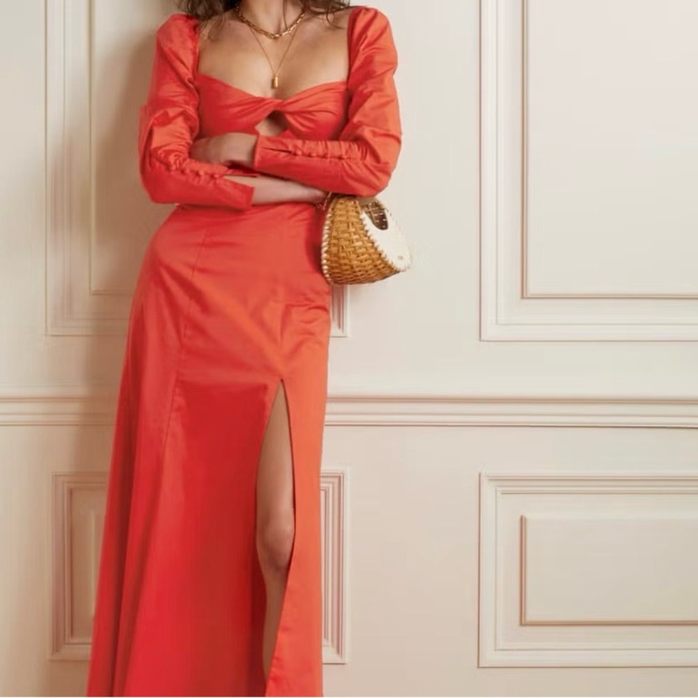 Staud Josephine Dress Fire Red Maxi Cutout Slit – Size 6 NWT